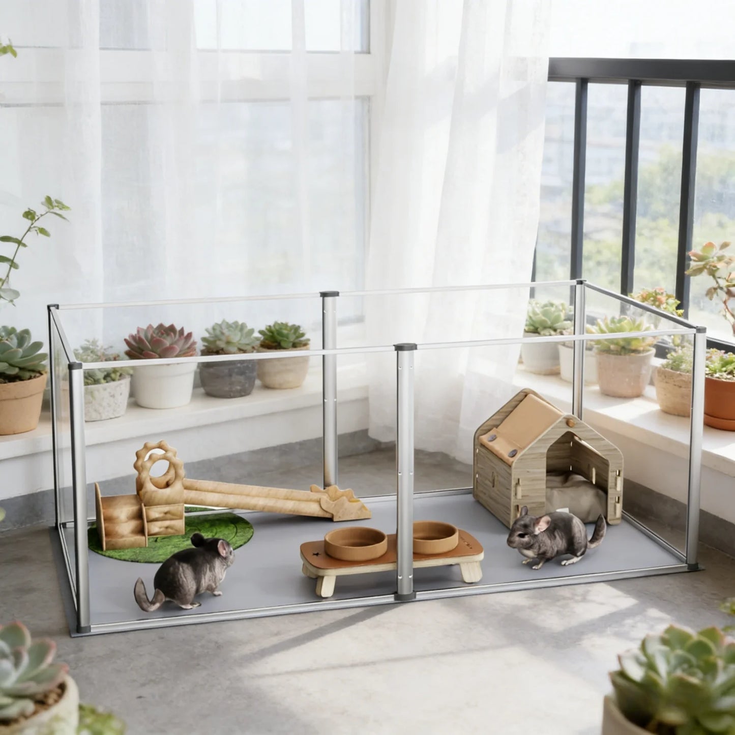 124cm Clear Acrylic Hamster Play Pen Indoor 6 Panels Pet Enclosure w/ Waterproof Floor Pad for Guinea Pigs Hedgehogs(No light)