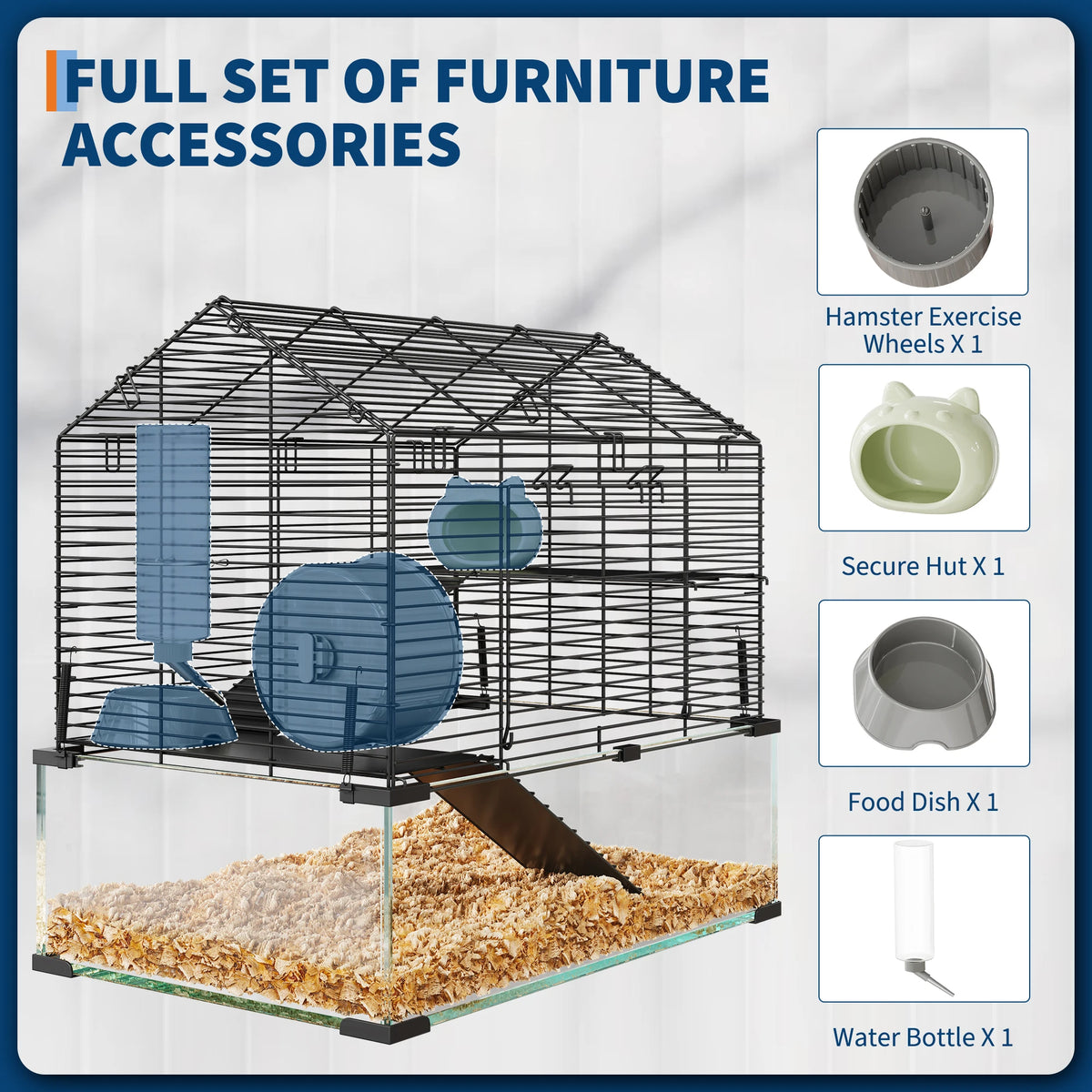 Large Hamster Cage, 3-Tier Gerbil Cages with Running Wheel, Water Bottle, Food Bowl, Ramps, Portable Hamster House with 7 in Deep Glass Bottom for Syrian, Dwarf Hamster, Gerbils