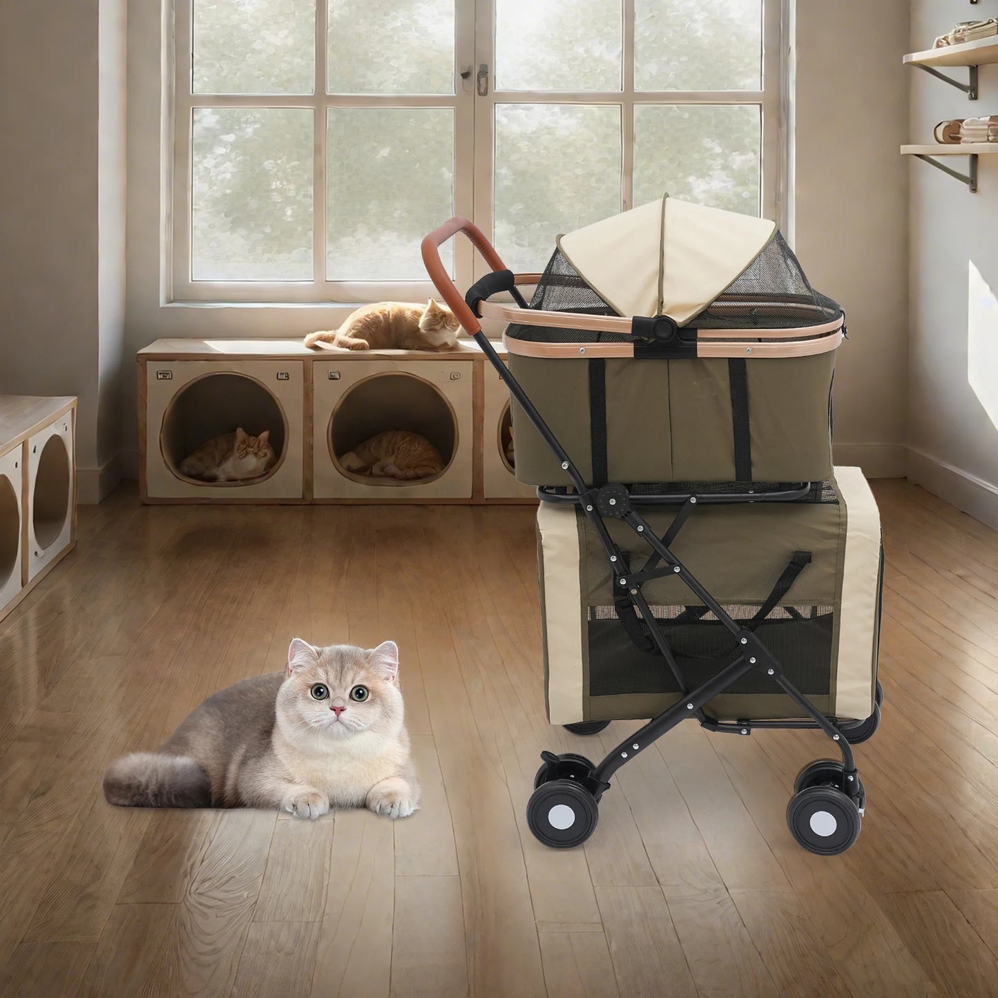 Foldable Pet Stroller for Small/Medium Pets—18.1x22.8x38.2in, 2-Tier Design+Safety Locks, Sunshade+Cushions, Ideal for Travel