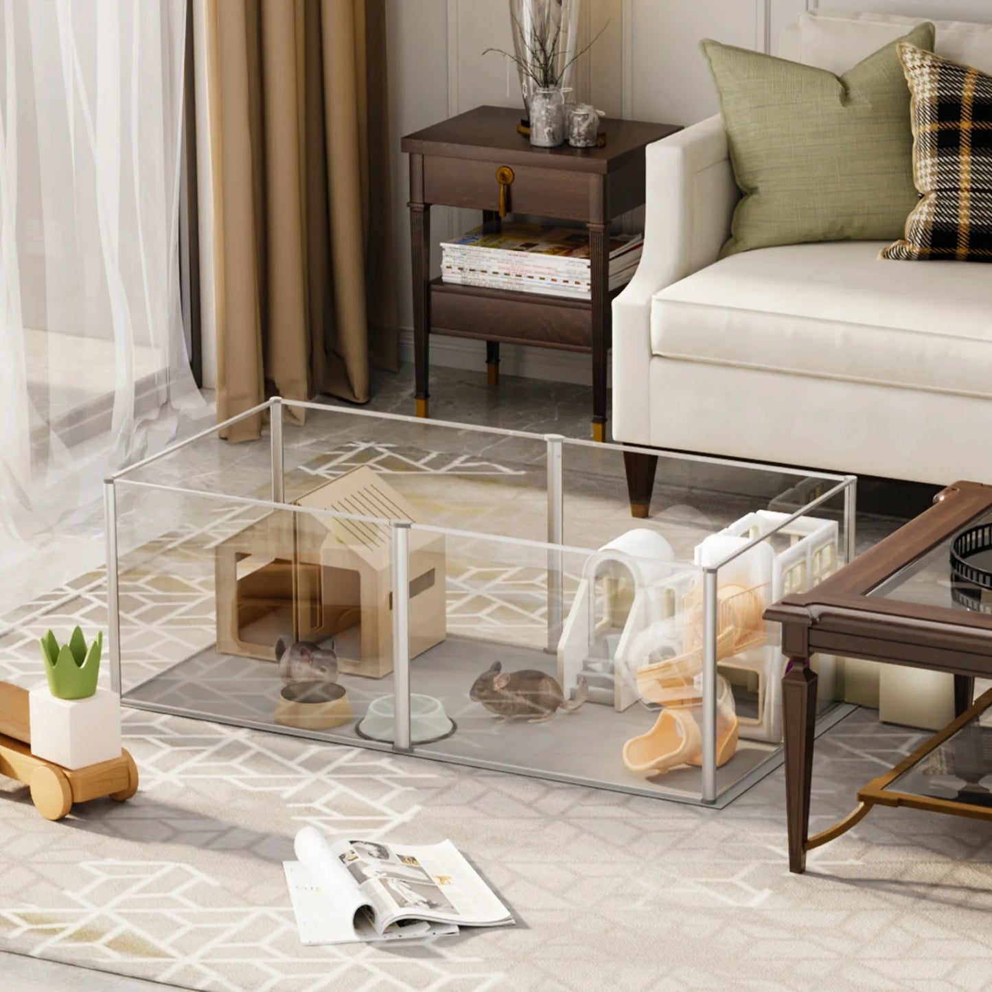124cm Clear Acrylic Hamster Play Pen Indoor 6 Panels Pet Enclosure w/ Waterproof Floor Pad for Guinea Pigs Hedgehogs(No light)