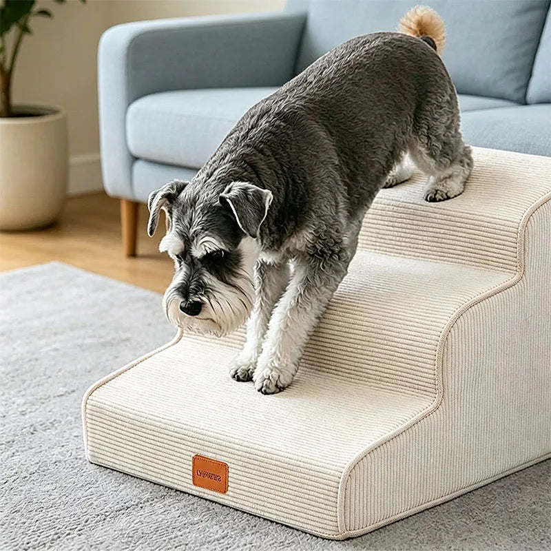 3/4/5 Steps Curved Pet Stairs 22.6/19.75/15.7 Inches High Access Ramp for Cat/Dog Suitable for Bed/Sofa/Car Non-slip Pet Steps High-density Foam Grey/Beige Suitable for Injured and Elderly Pets Comes with A Washable Cover and