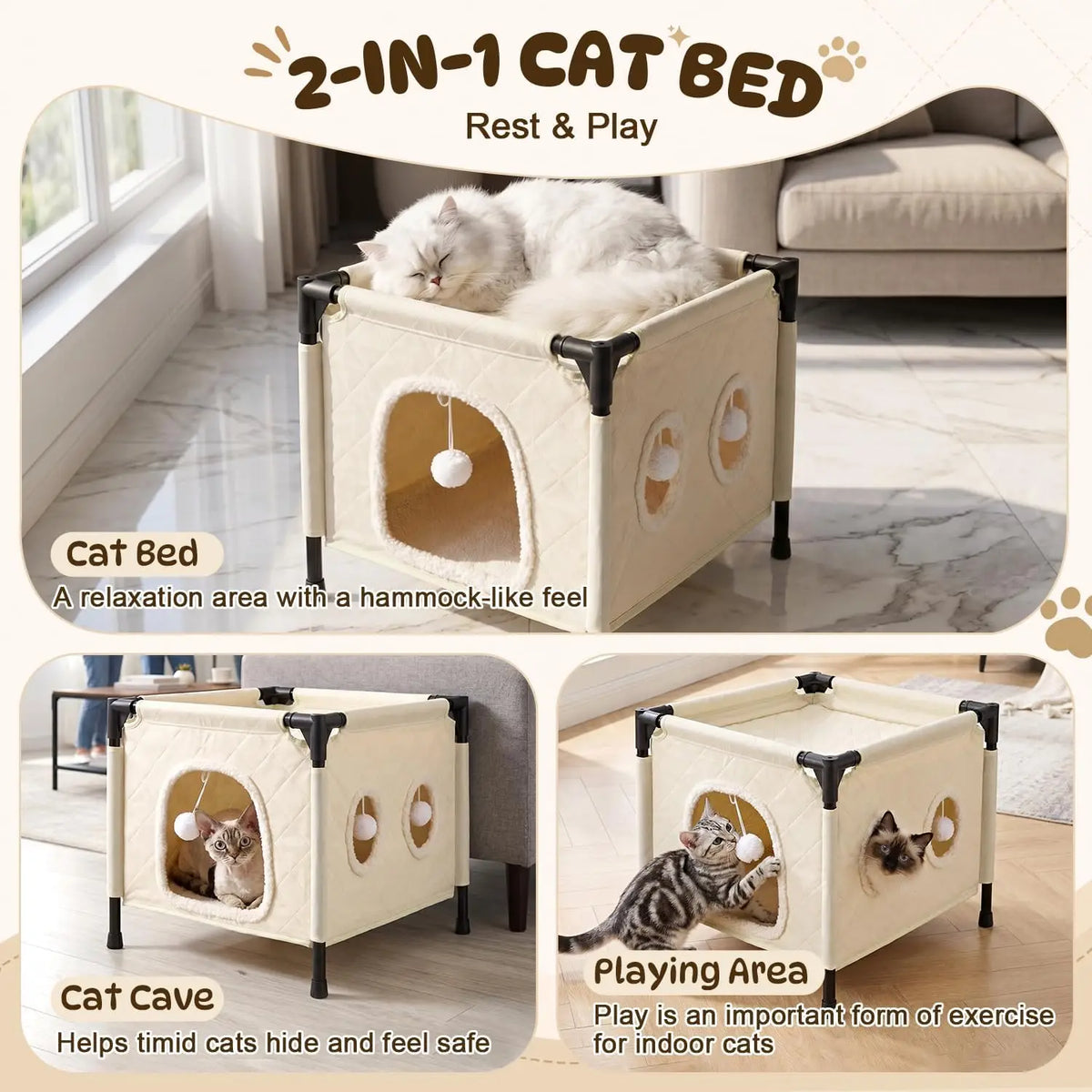 SlowTon Cat Houses for Indoor Cats, Covered Cat Bed Cave Hideaway, Beige, M