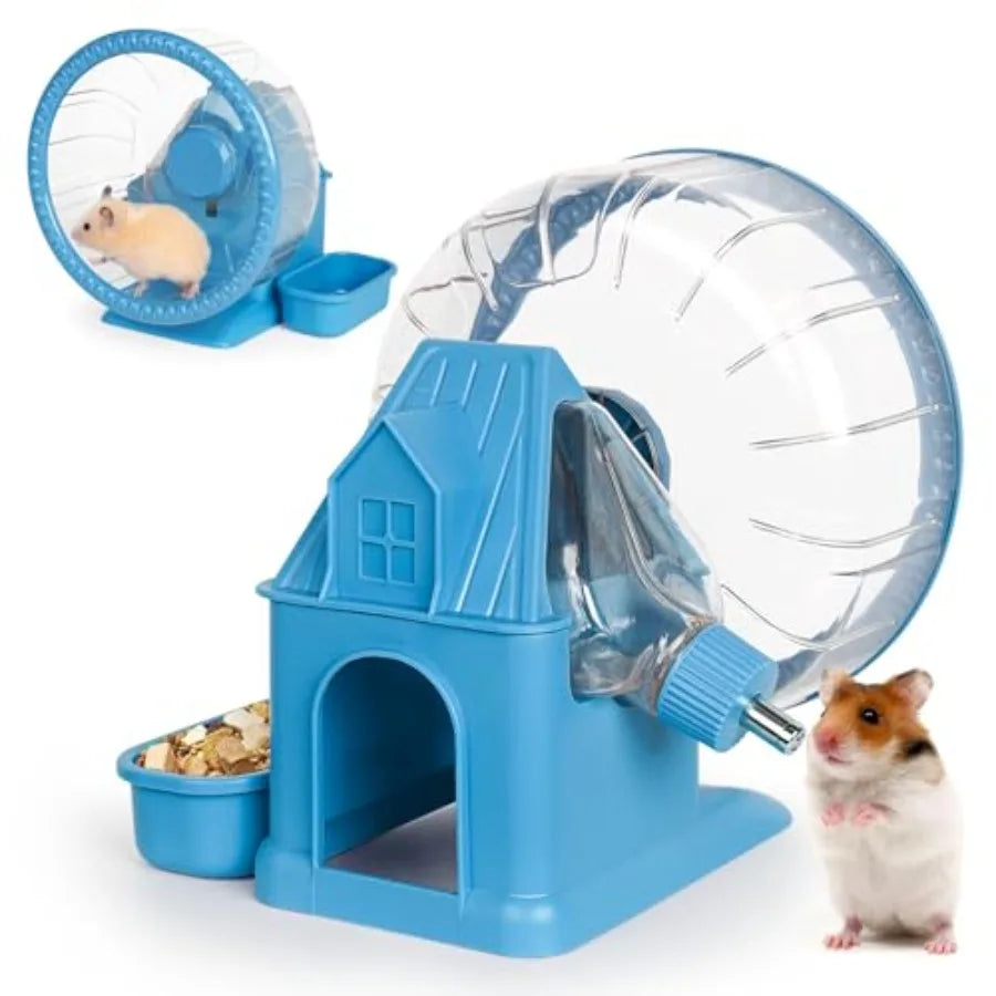 4 in 1 Quiet Hamster Exercise Wheel, Multi Functional Hamster House with Running Wheel, Water Bottle, Food Bowl and Hideout, Sm