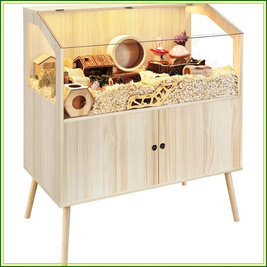 Large Hamster Cage with Storage Cabinet, 40" L x 20" W x 47" H, Chew Proof Wood & Clear View, for Guinea Pig, Ferret, Rat, Hedgehog (Oak)