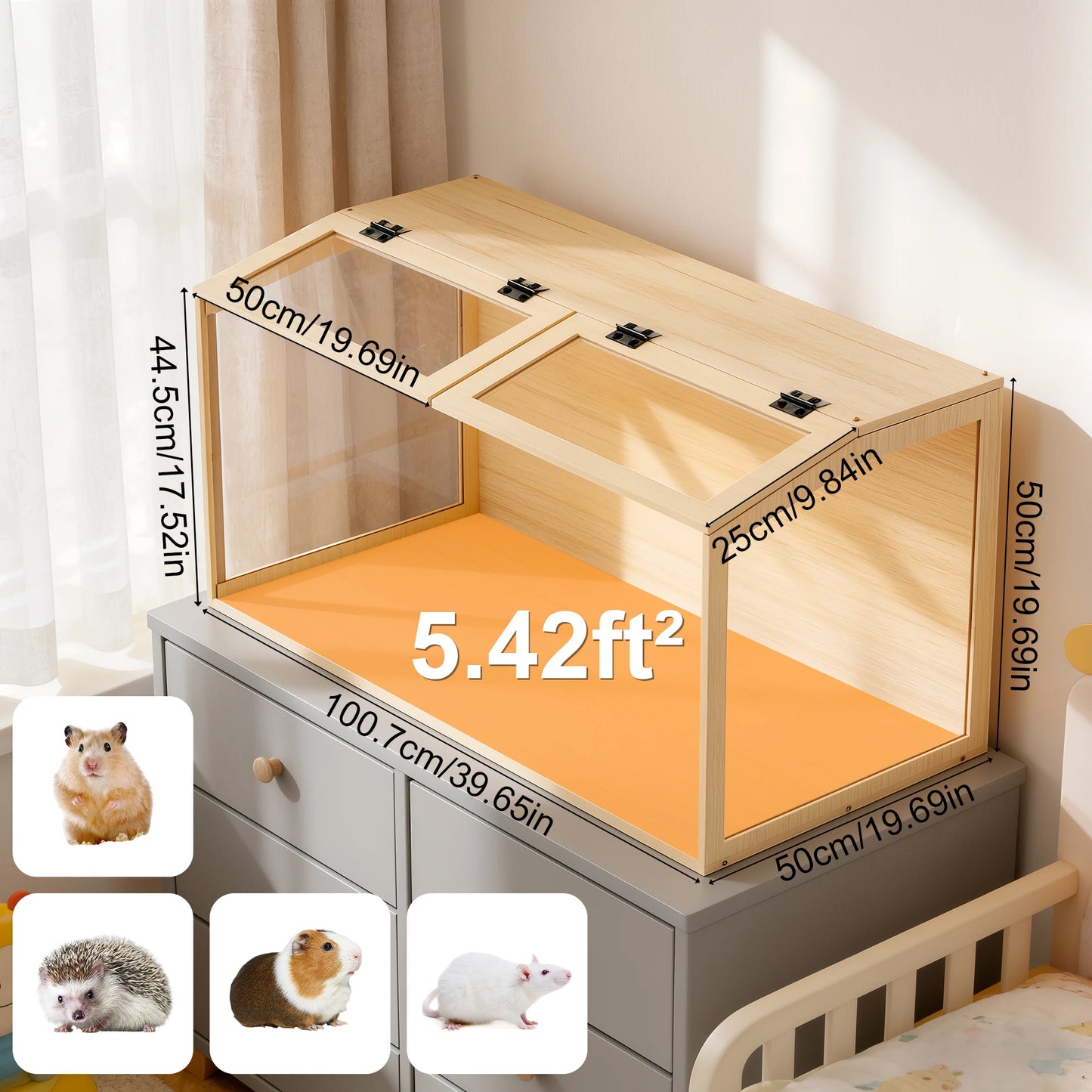 Large Wooden Hamster Cage Clear Tempered Glass Pet Small Animal Habitat Cage Playful Hutch House Built-in LED Light