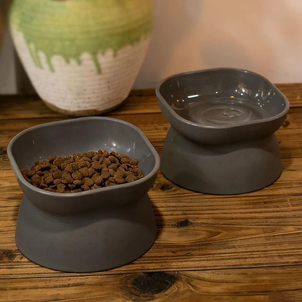 Double Sided Cat Food and Water Bowl Set for Indoor Cats Non Slip Pet Feeding Dishes with Elevated Stand for Small Dogs and Cats Anti Vomiting Slow Feeder Design Grey Color Modern Durable Ceramic Style Easy Clean Non