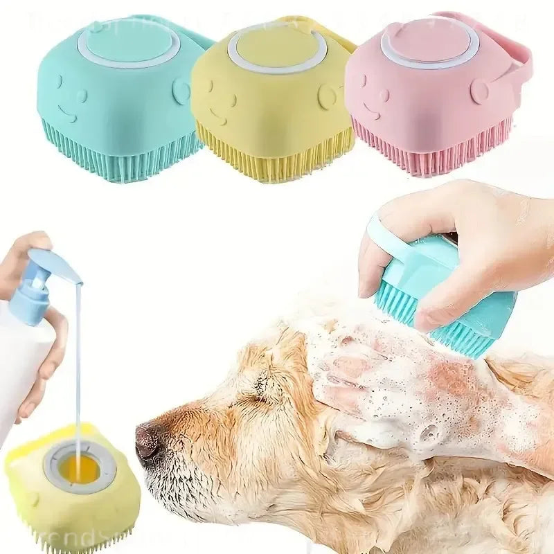 Pet Shower Brush With Tick Remover Soft Bristles Ergonomic Handle Removable Lid Gentle Grooming Washing Tool For Small Medium Dogs Cats Bath Massage