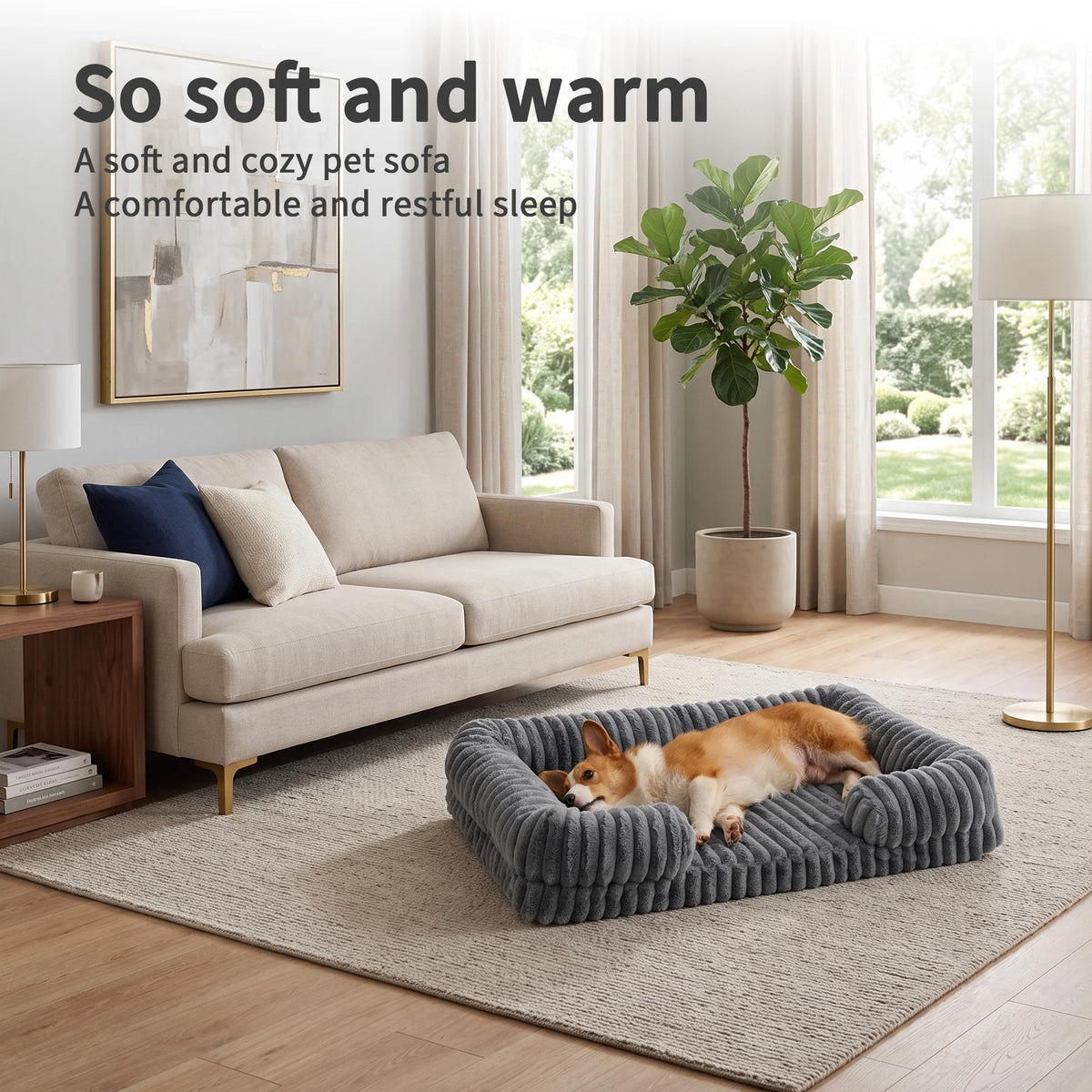 Striped Bolster Dog Bed, Rectangle Soft Calming Pet Bed with Raised Sides, Cozy Fluffy Dog Sleeping Bed for Medium Large Dogs