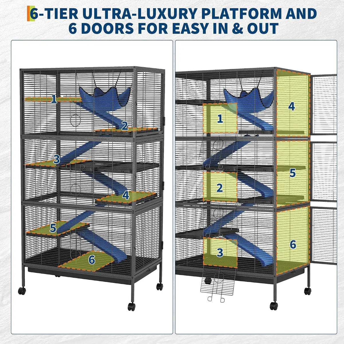 58" Large Ferret Nation Cage – Metal Multi-Level Small Animal Cage with Hammock & 7 Removable Platforms for Sugar Gliders, Guinea Pigs, Chinchillas, Rabbits