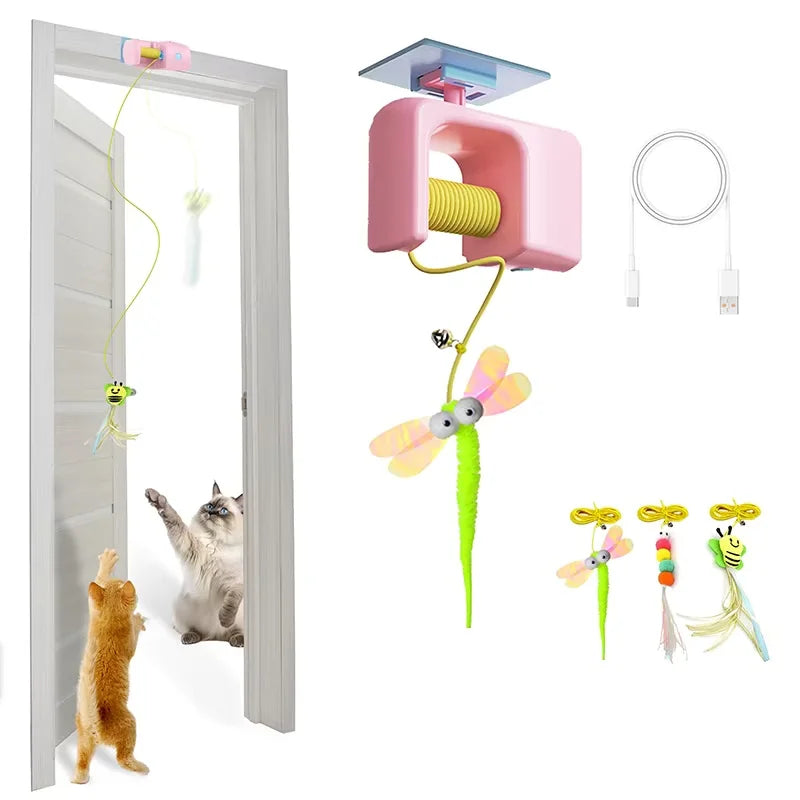 Cat Retractable String RechargeableToys for Indoor Kittens and Bored Adult Cats with 2 Flying Feathers