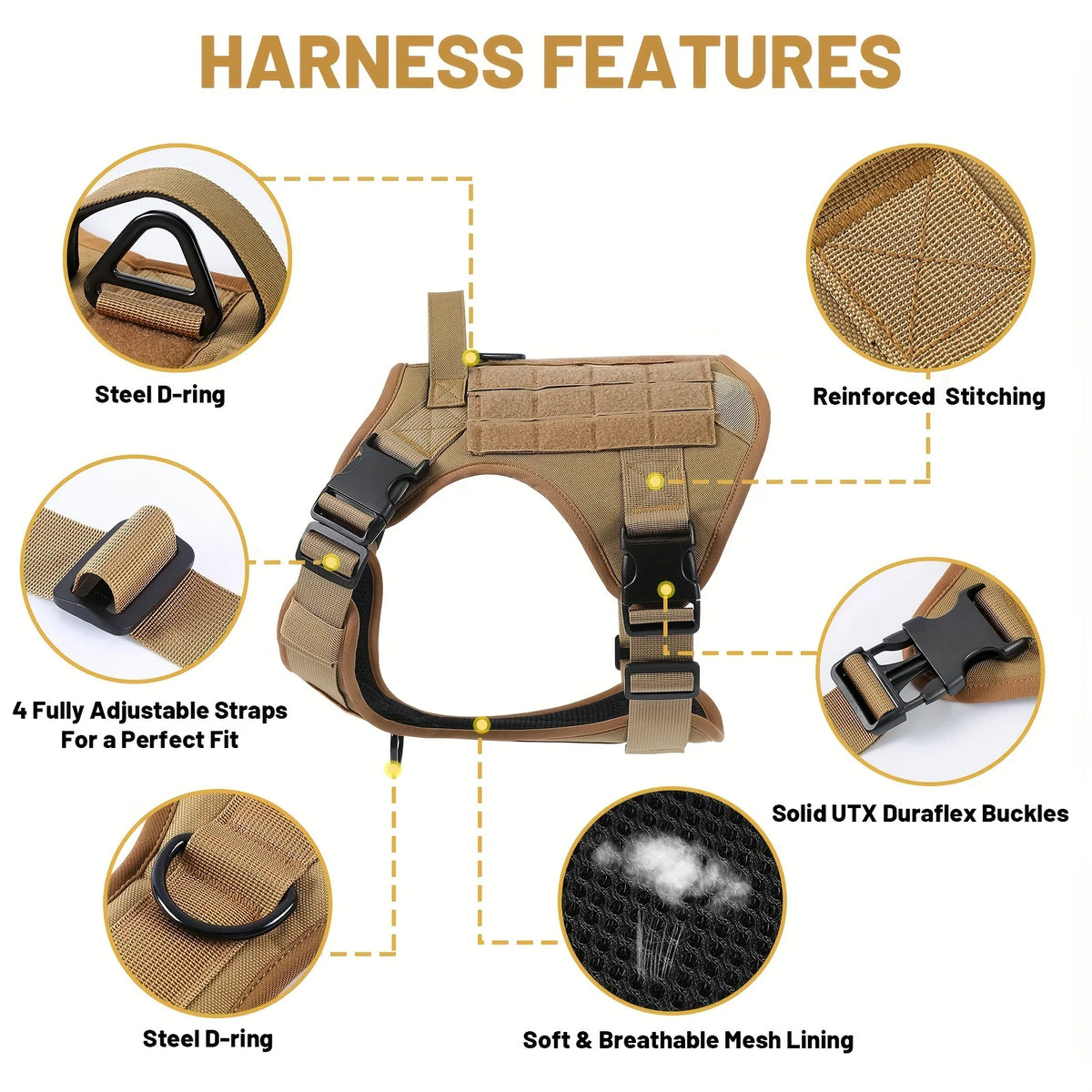 Adjustable Tactical Dog Harness Vest with Reflective Straps Metal D Rings and Breathable Padding