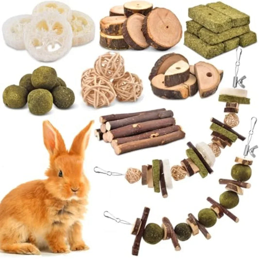 Rabbit Chew Toys, Bunny Toys Apple Wood Grass Timothy Treat DIY Hamster Chew Kit Bunny Teeth Care Molar Toys, Ideal for Rabbit,