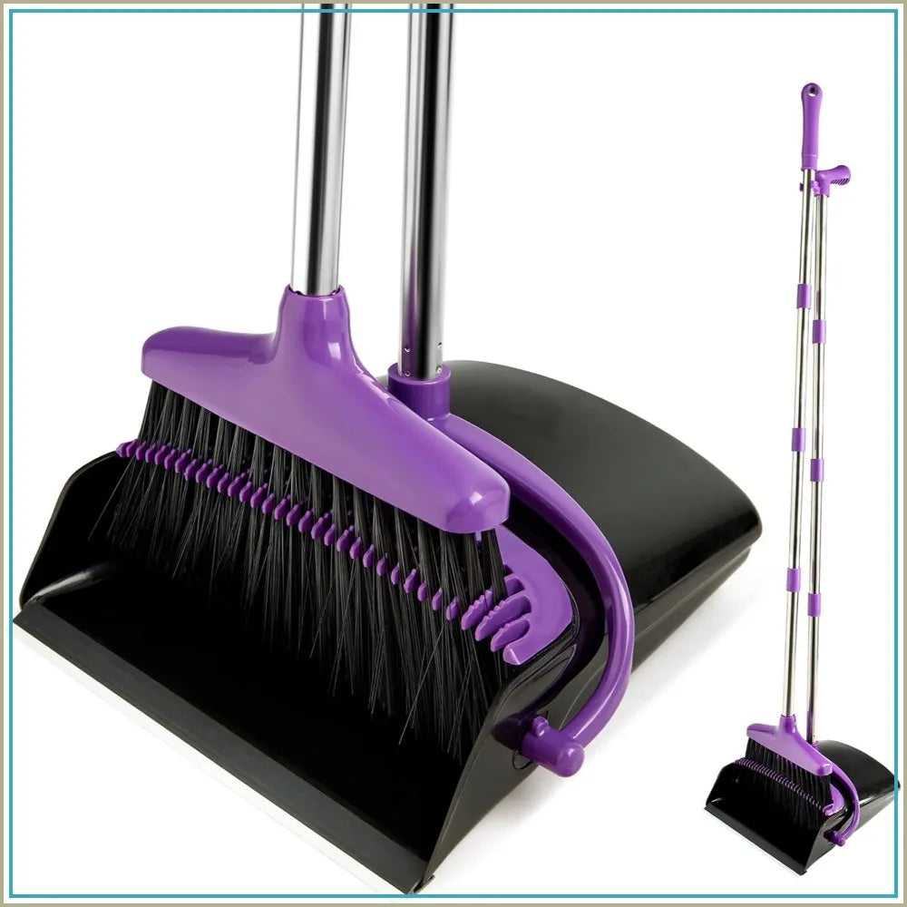54.7" Long Handle Broom & Dustpan Set, Lightweight Stainless Steel, Stands Upright, for Home Kitchen Pet Hair, Purple