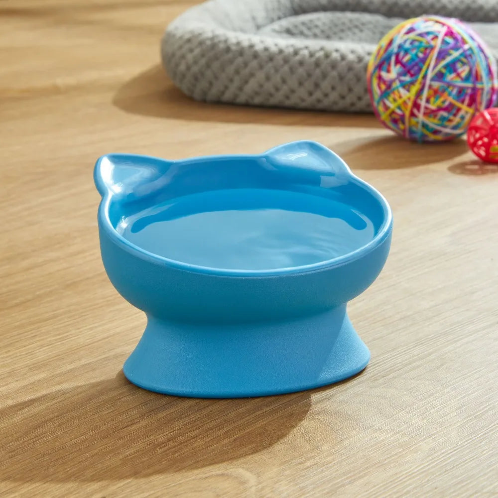 Elevated Cat Bowl with Ears Design Pet Food Water Feeder Dish Anti Vomit Slow Eating 0.8 Cup Capacity Blue Plastic Cute Bowls for Cats and Small Dogs