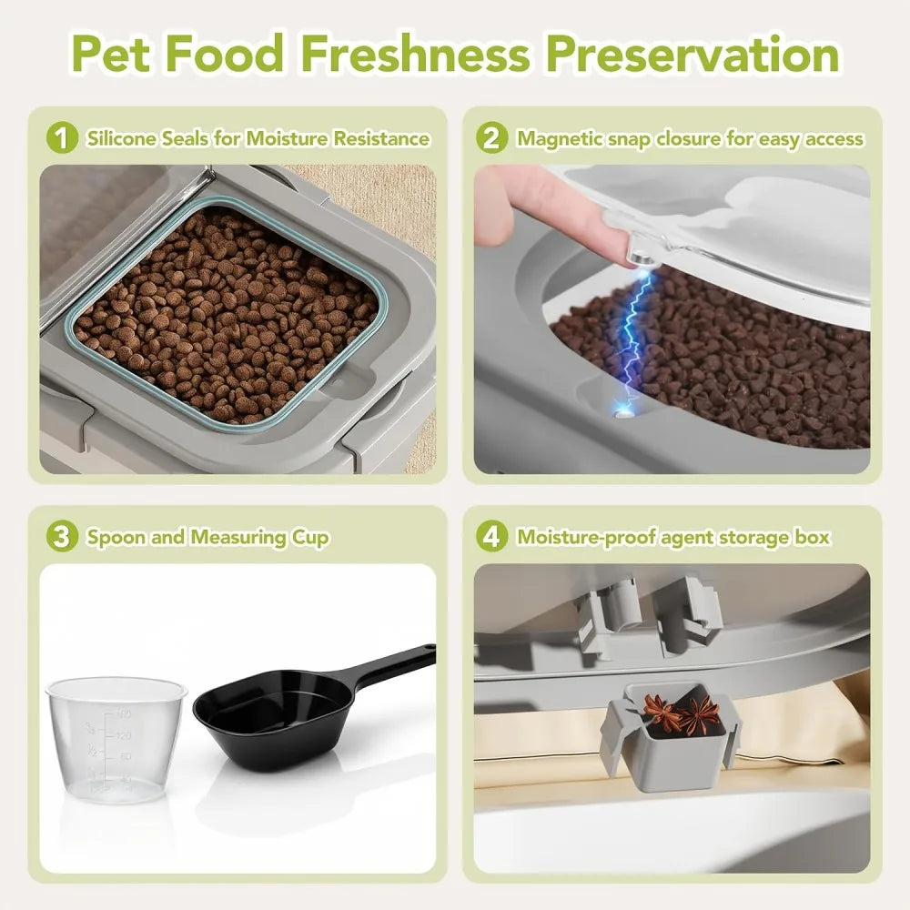 3Lbs Collapsible Pet Food Storage Container with Airtight Lid, Dog Food Storage Container with Measuring Scoop And Cup, Wheels & Handle for Easy Moving, Keep Dry Food Fresh