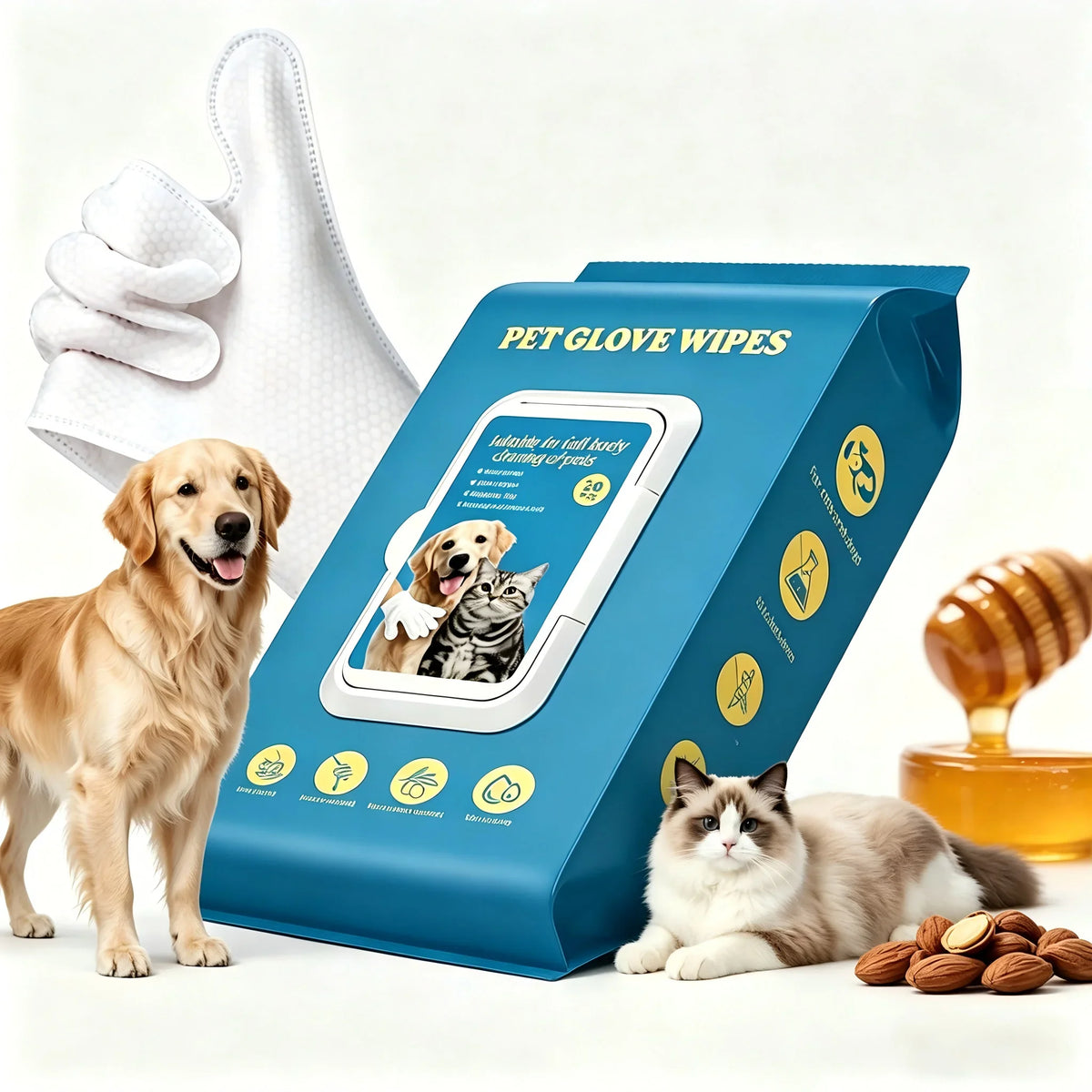 20Pcs Pet Glove Wipes for Dogs Cats, No Rinse Wash Free Grooming Gloves, Thick Disposable Pet Cleaning Gloves, Deodorizing Odor Remover for Full Body Pet Bathing