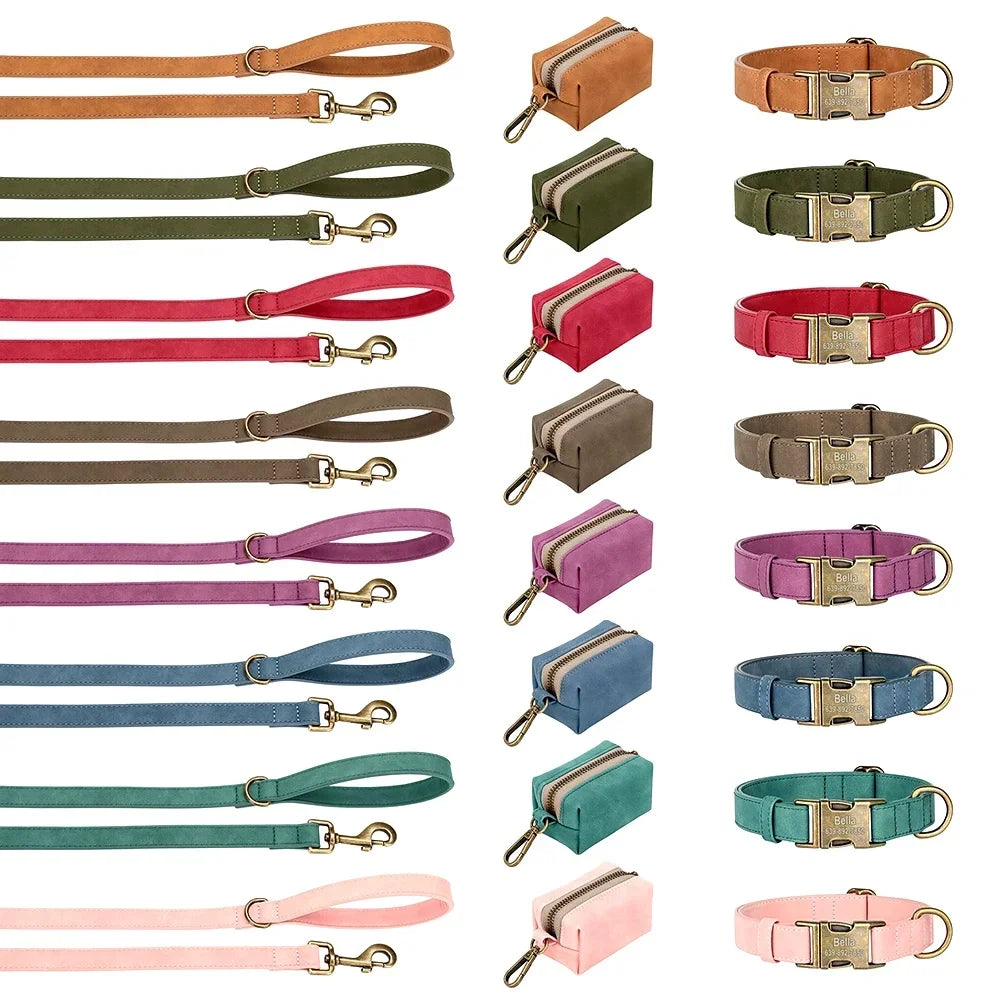 Custom Dog Collar Leash Bag Set Personalized PU Leather Dog Collars Vintage Pet Buckle Necklace With Lead Poop Bag for Dogs Pug