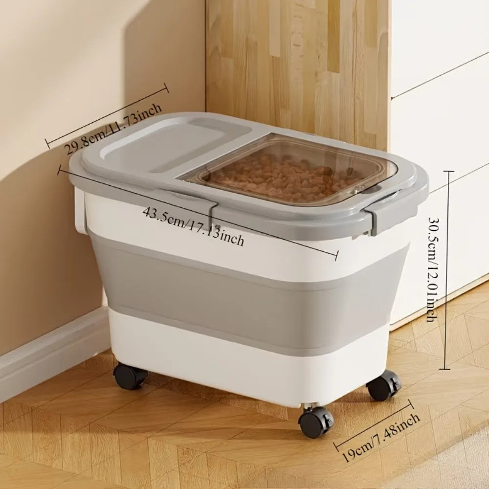 3Lbs Collapsible Pet Food Storage Container with Airtight Lid, Dog Food Storage Container with Measuring Scoop And Cup, Wheels & Handle for Easy Moving, Keep Dry Food Fresh