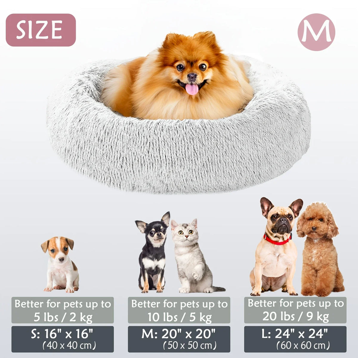 Calming Dog & Cat Bed, Donut Cuddler Warm Soft Round Pet Bed, Fluffy Faux Fur Plush Mat Bed, Suitable for Small, Medium & Large Dogs and Cats (16"/20"/24"/28"/31"/39")