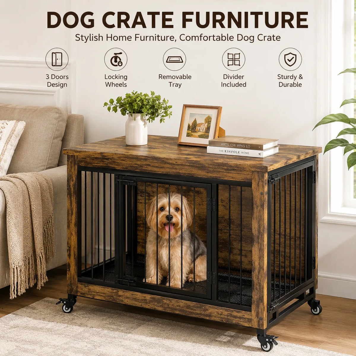 38 Inch Dog Crate Furniture Wooden Dog Kennel End Table with 3 Doors Locking Wheels Removable Tray Divider Indoor Pet Cage Side Table for Small Medium Dogs Retro Brown
