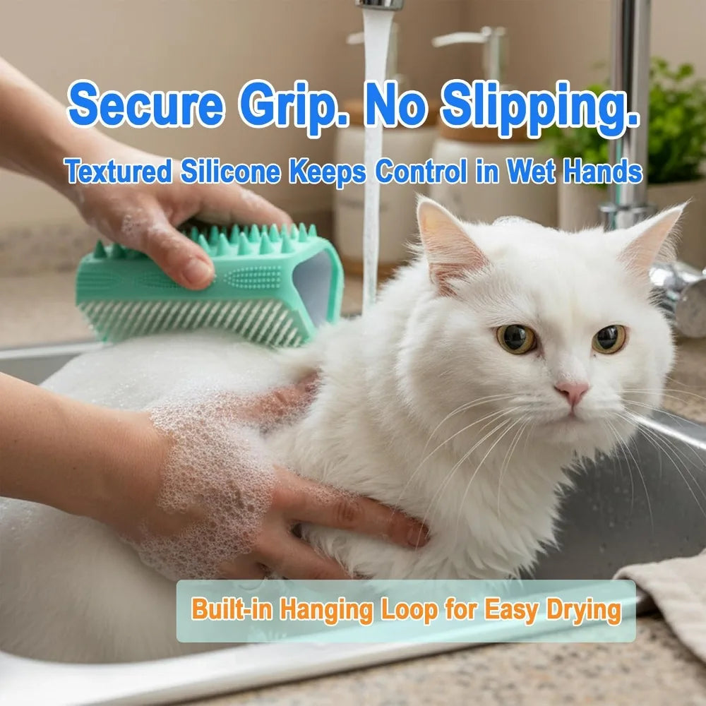 Triangular Wrap-Around Pet Grooming and Bath Brush for Dogs and Cats - 3-in-1 Silicone Deshedding Brush with Soft Massage Cones and Deep Cleaning Nubs for Gentle Detangling and Fur Removal, Flexible Self-Cleaning Design