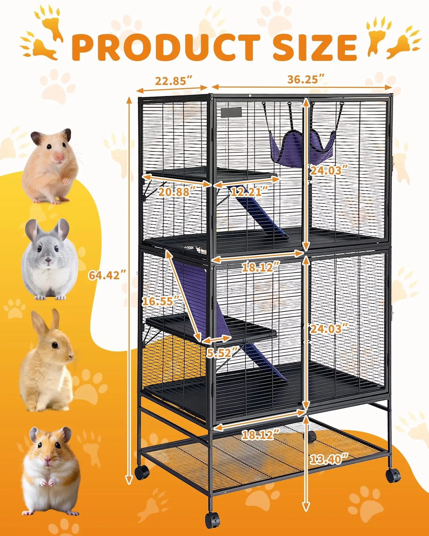 Large 4-Tier Metal Ferret Cage, 64" H Small Animal Habitat with Ramp, Hammock, Storage Stand & Removable Tray, Heavy-Duty Easy Clean Cage for Chinchilla, Sugar Glider, Hamster, Rat