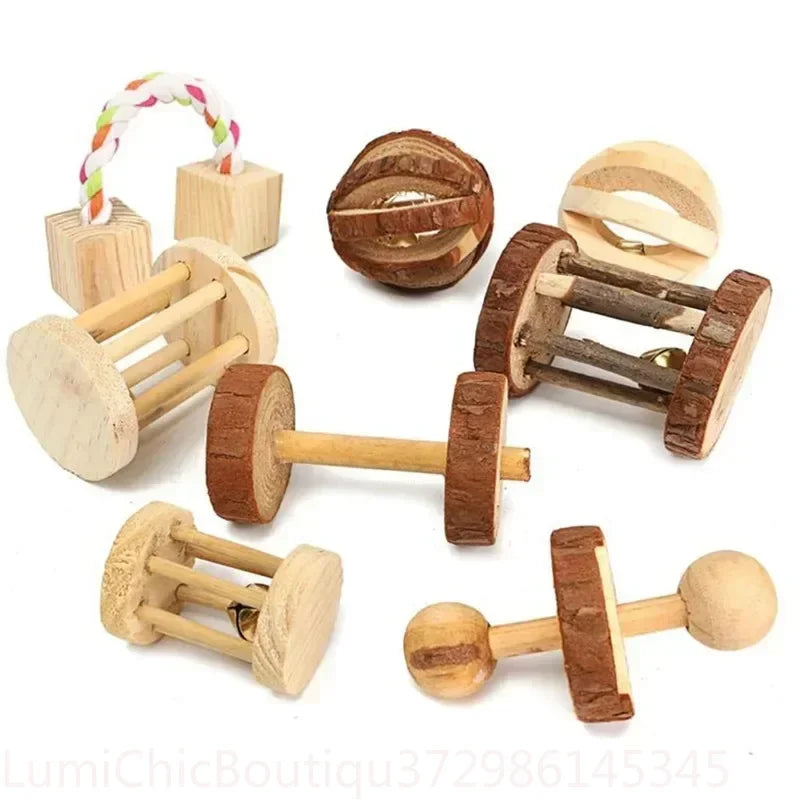 Cute Small Pet Chew Toy Natural Pine Wood Roller Dumbbell Unicycle With Bell Molar Play Toy For Rabbit Guinea Pig Rat Enrichment Supplies