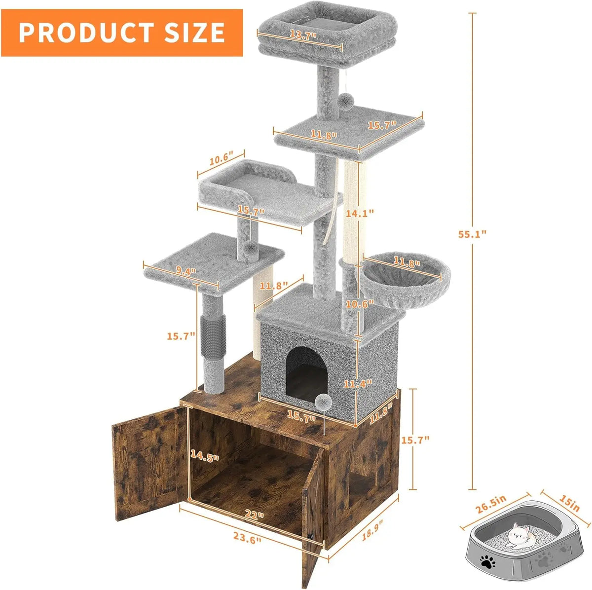Cat Tree with Litter Box Enclosure Large, Multilevel Cat Play House with Large Condo, Spacious Hammock, Cozy Top Perch,Scratching Post and Dangling Balls,Wooden Cat Furniture for Indoor Cats,Brown