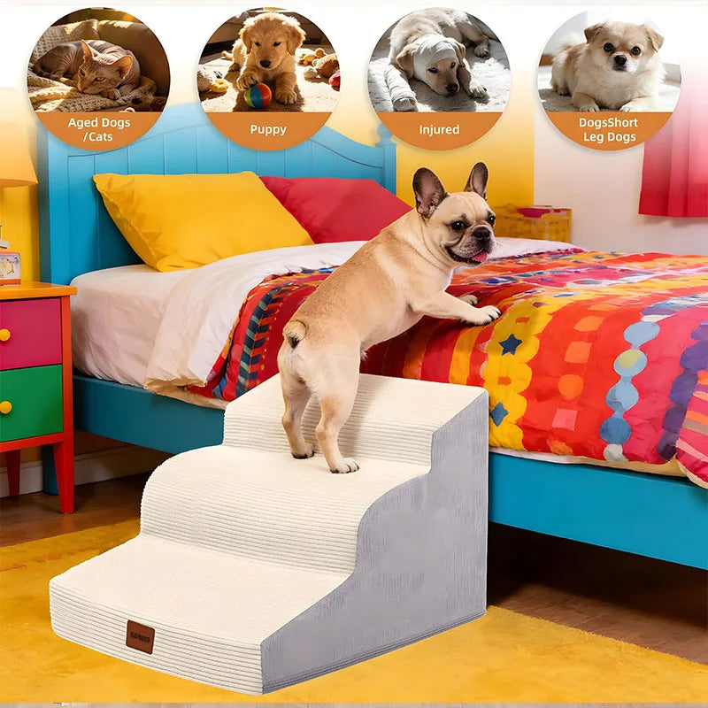 3/4/5 Steps Curved Pet Stairs 22.6/19.75/15.7 Inches High Access Ramp for Cat/Dog Suitable for Bed/Sofa/Car Non-slip Pet Steps High-density Foam Grey/Beige Suitable for Injured and Elderly Pets Comes with A Washable Cover and
