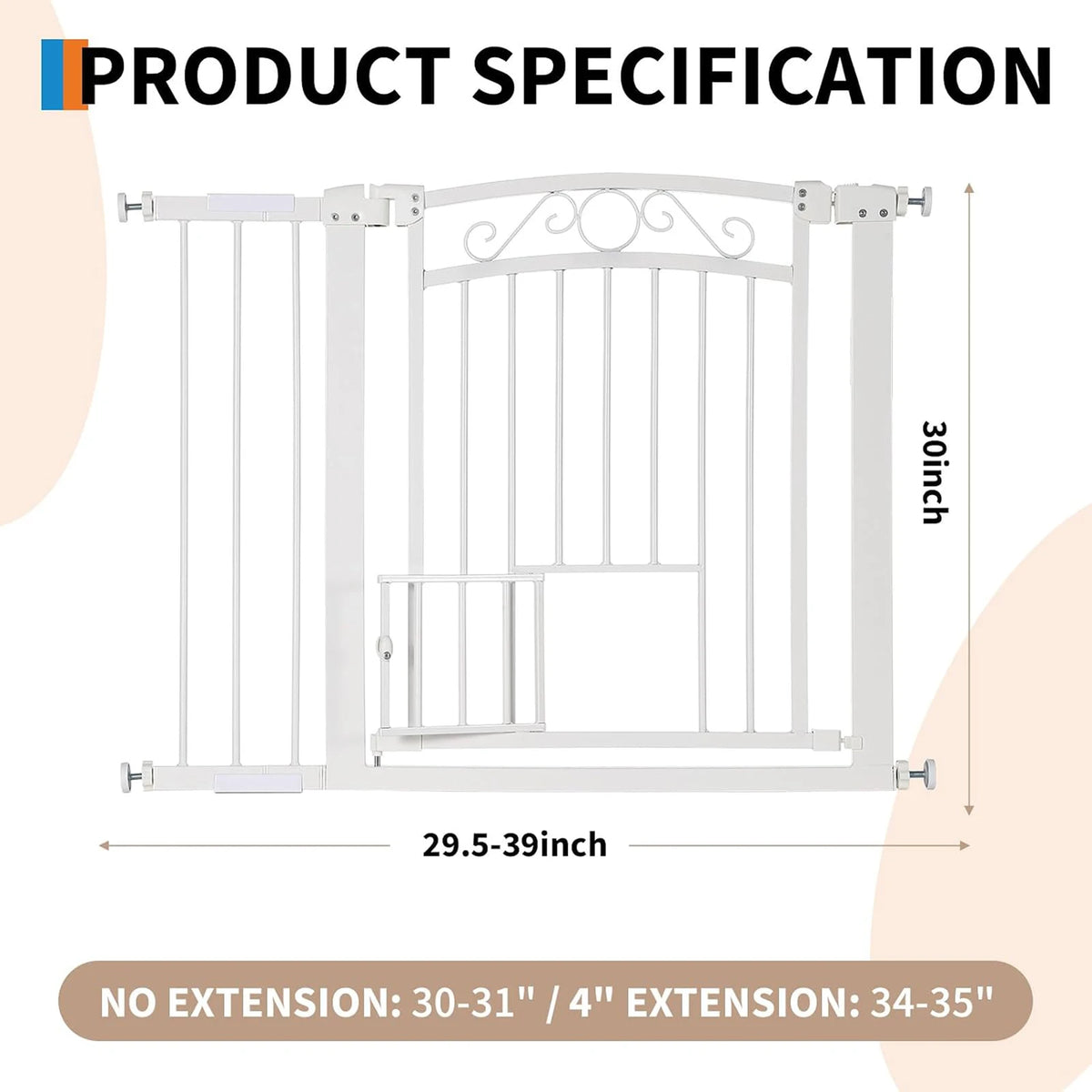 30-41 Inch Pressure Mount Dog Gate, 30in Tall Auto-Close Pet Gate, Double Lock Walk-Through Steel Barrier For Doorways & Stairs