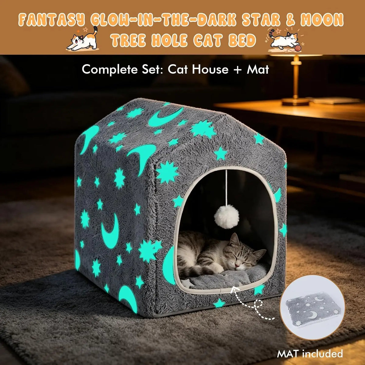 Cat House for Indoor Cats, Cat Bed Cave Enclosed Hideaway with Frame