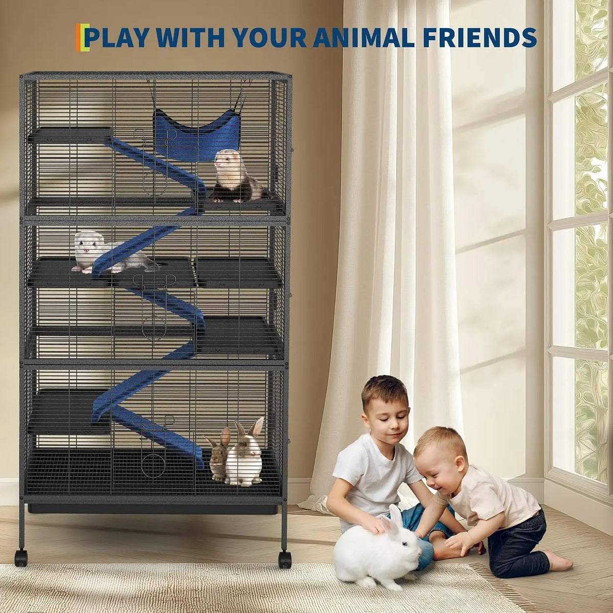 58" Large Ferret Nation Cage – Metal Multi-Level Small Animal Cage with Hammock & 7 Removable Platforms for Sugar Gliders, Guinea Pigs, Chinchillas, Rabbits