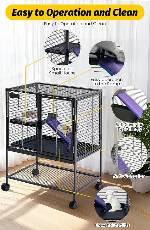 Multi-Level Metal Small Animal Cage for Ferrets, Hamsters, Chinchillas, Rabbits, Guinea Pigs, Hedgehogs, Gerbils Removable Tray & Ramp, Lockable, BPA-Free