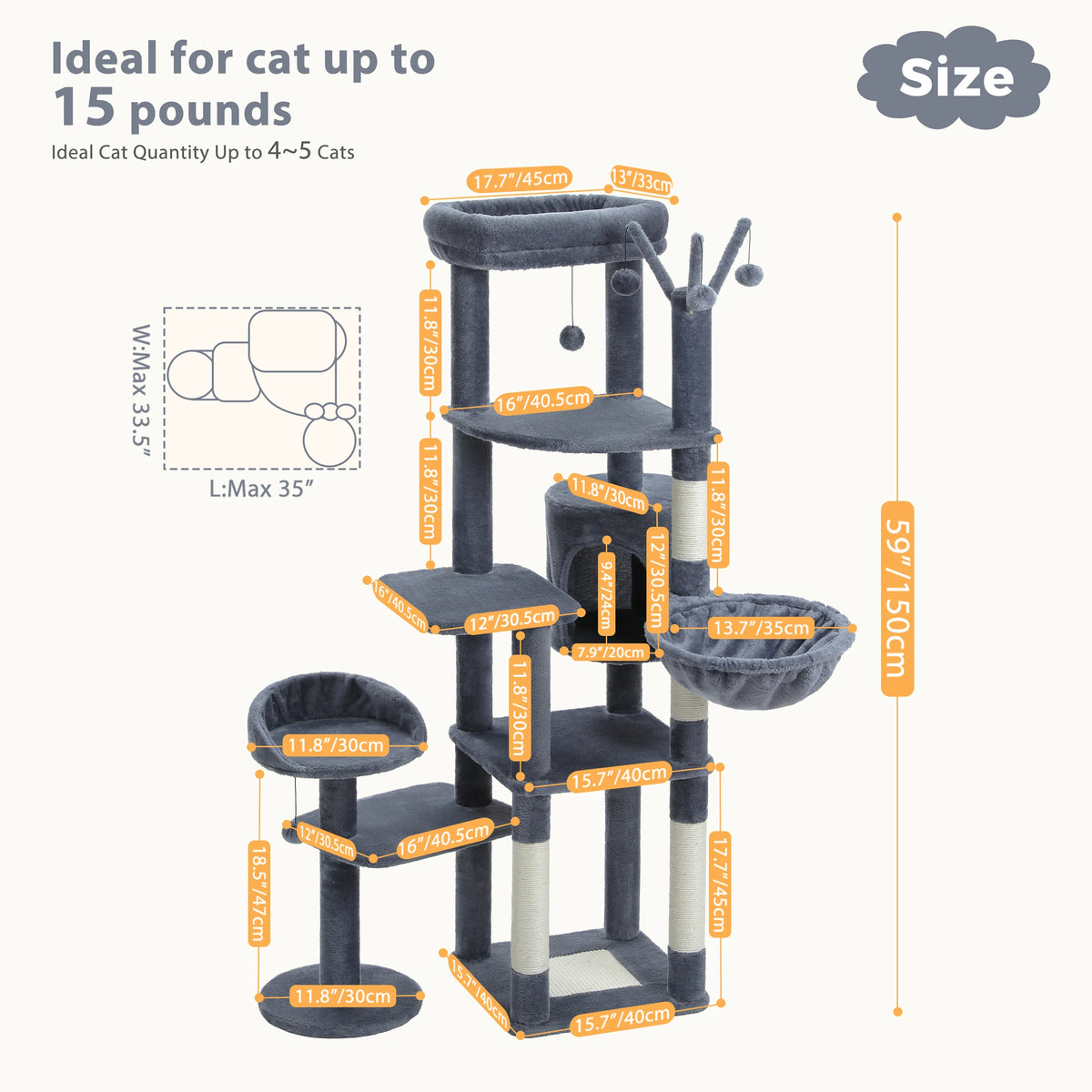 Multi-Level Cat Tree with Scratching Post Hammock Large Perches Hanging Balls Tall Cat Tower for Indoor Spacious Cat Condo House