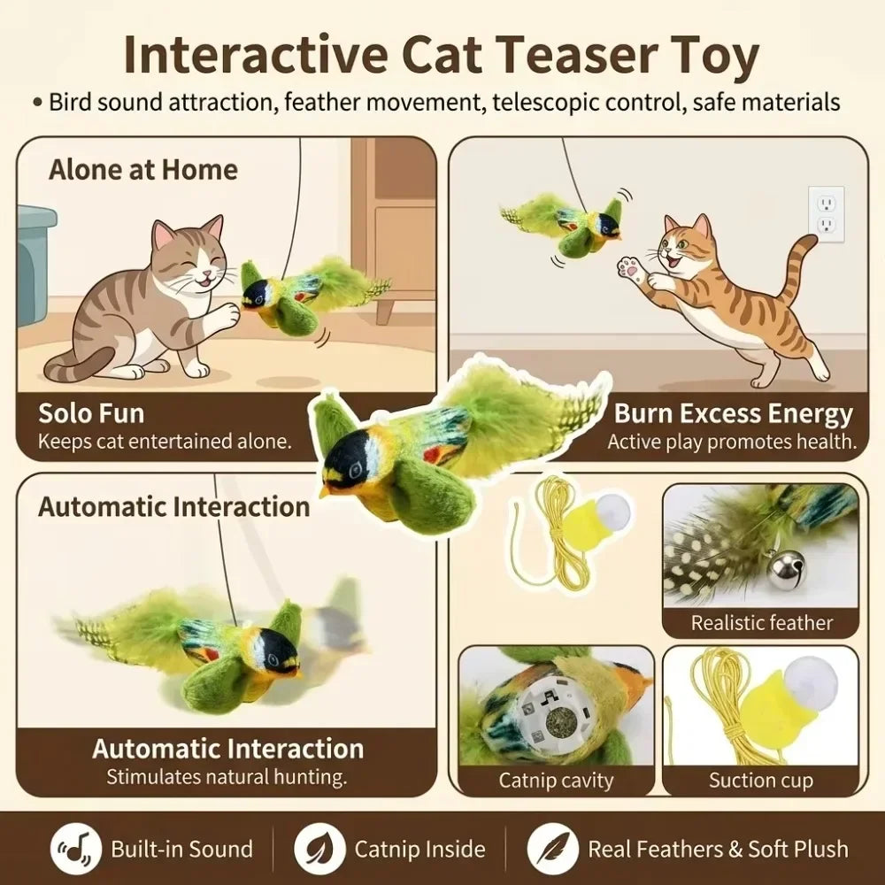 Kitten Cat Teaser Wand, Interactive Bird Sound Toy, Retractable Replaceable Feather Stick for Indoor Pets Boredom Relief, Durable Play
