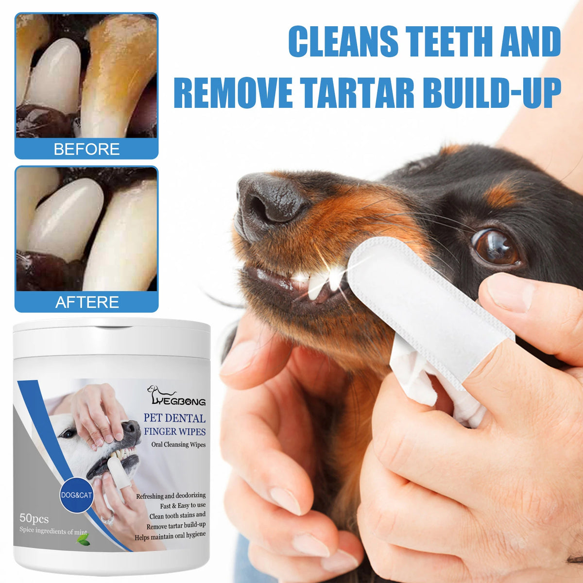 Pet Dental Finger Wipes, Dog & Cat Oral Care Finger Sleeves, Clean Teeth Remove Tartar Yellow Stains & Bad Breath