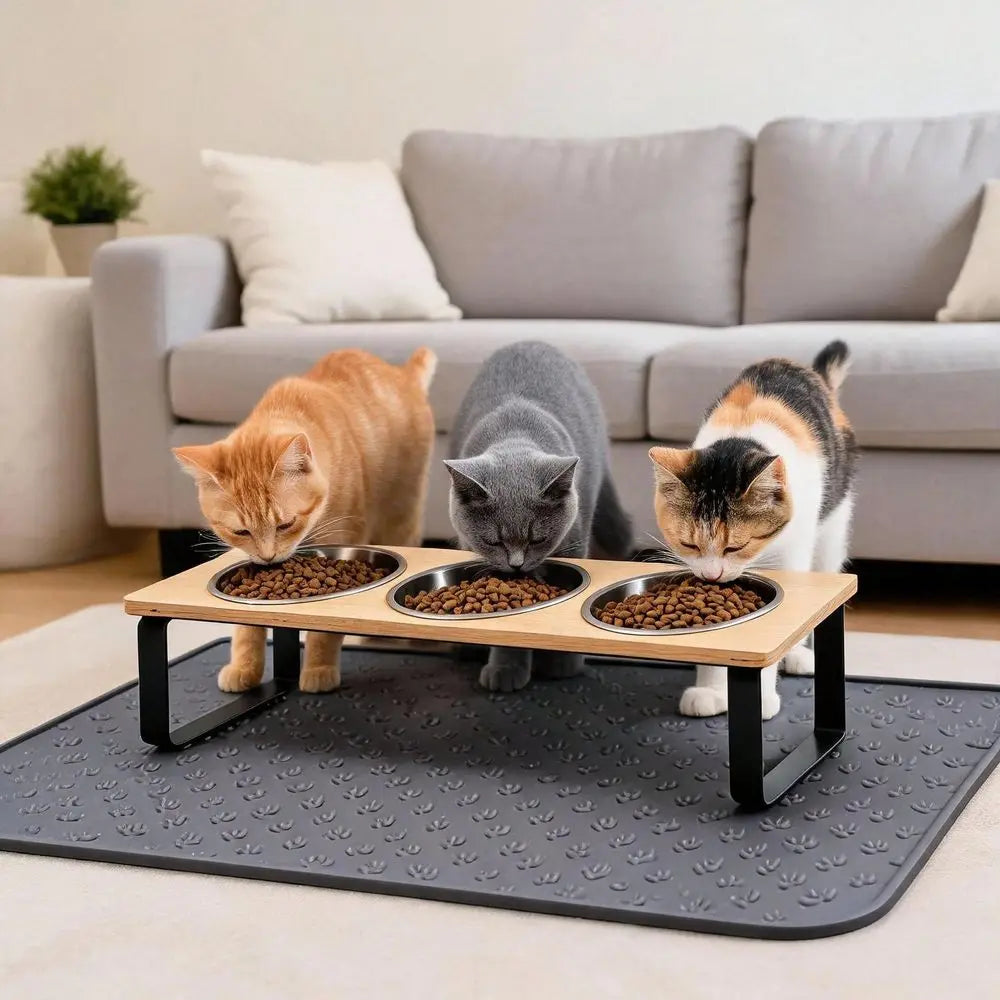 Cat Food Bowl And Mat, 3 Stainless Steel Raised Cat Bowls With Stand, 15Tilted Cat Bowl For Indoor Multiple Cats