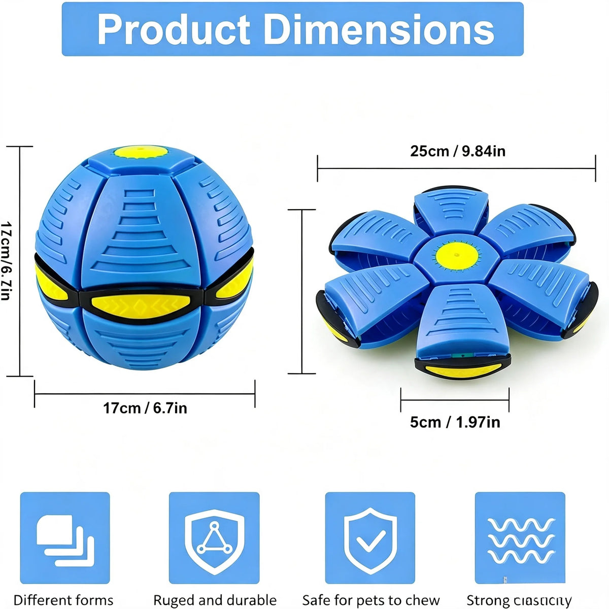 Six-Light Dual-Mode Magical Transforming Pet Bouncy Ball, UFO-Shaped Ball, Durable Dog Interactive Training and Play Toy, Blue and Red