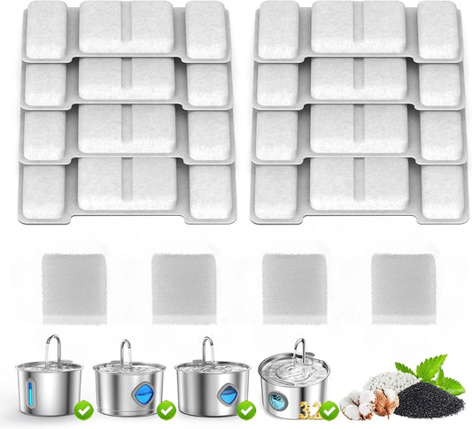 Replacement Filters & Sponges for 2.2L Stainless Steel Cat Water Fountain, 8 Filters + 4 Sponges Kit