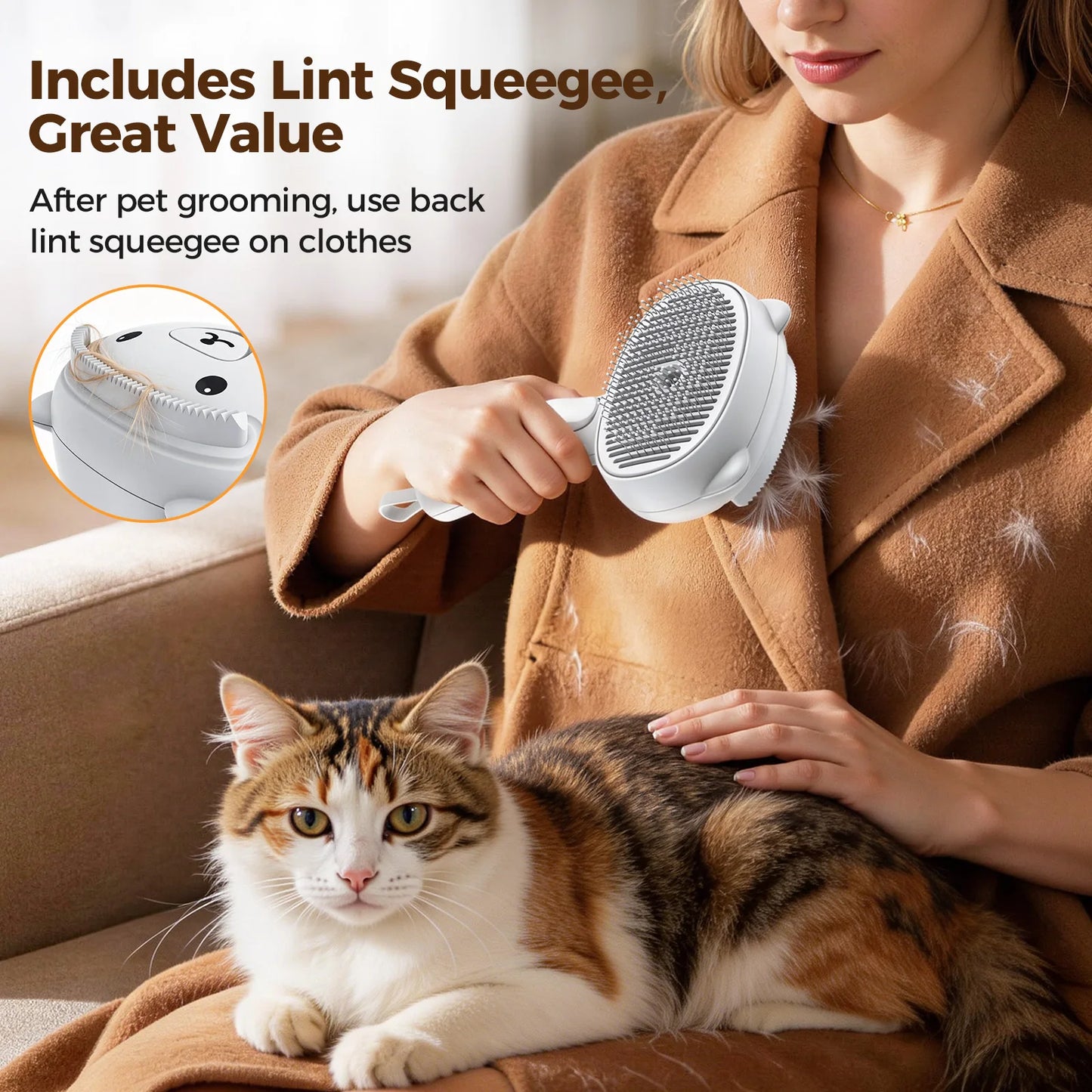 Self Cleaning Shedding Steam Cat Brush, Silicone Scraper Included Dog Brush, primecat, Cat Brushes for Shedding, USB Rechargeable, for Grooming & Haired Pets, Dogs & Cats, White