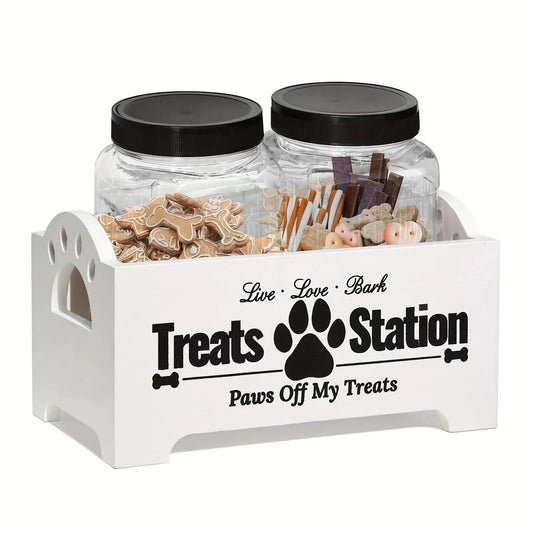 Pet Food Storage Container with Wood Holder for Cat Dog Treat Jars Snack Organizer for Dog Cookie Cat Treats Decorative Pet Food Storage Container with Handles Practical Organizer for Kitchen Counter