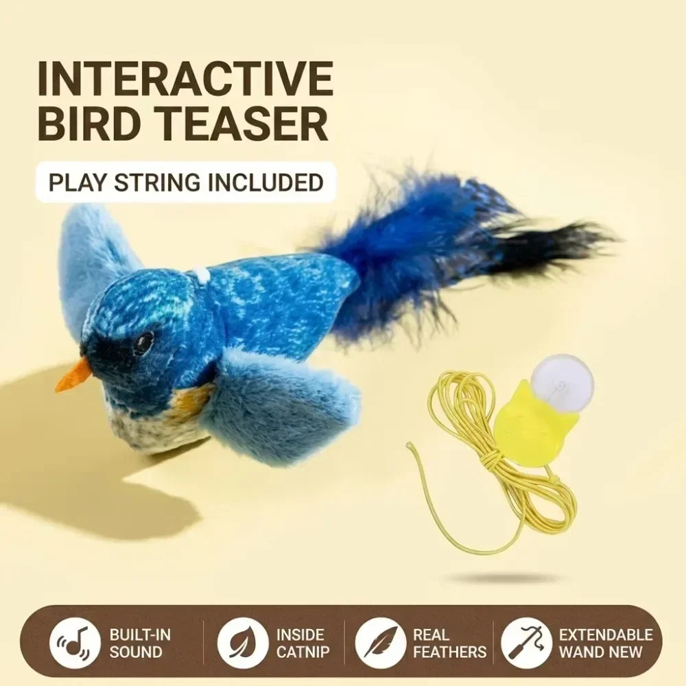 Kitten Cat Teaser Wand, Interactive Bird Sound Toy, Retractable Replaceable Feather Stick for Indoor Pets Boredom Relief, Durable Play
