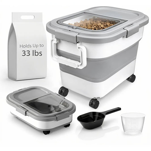 3Lbs Collapsible Pet Food Storage Container with Airtight Lid, Dog Food Storage Container with Measuring Scoop And Cup, Wheels & Handle for Easy Moving, Keep Dry Food Fresh