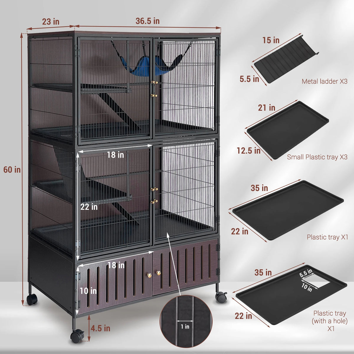 Spacious 5-Level Ferret Cage with Locker - 59"H Rolling Pet House for Guinea Pigs, Rabbits, Chinchillas, and More - Includes Removable Ramps, Double Doors, Hammock, Trays, Black