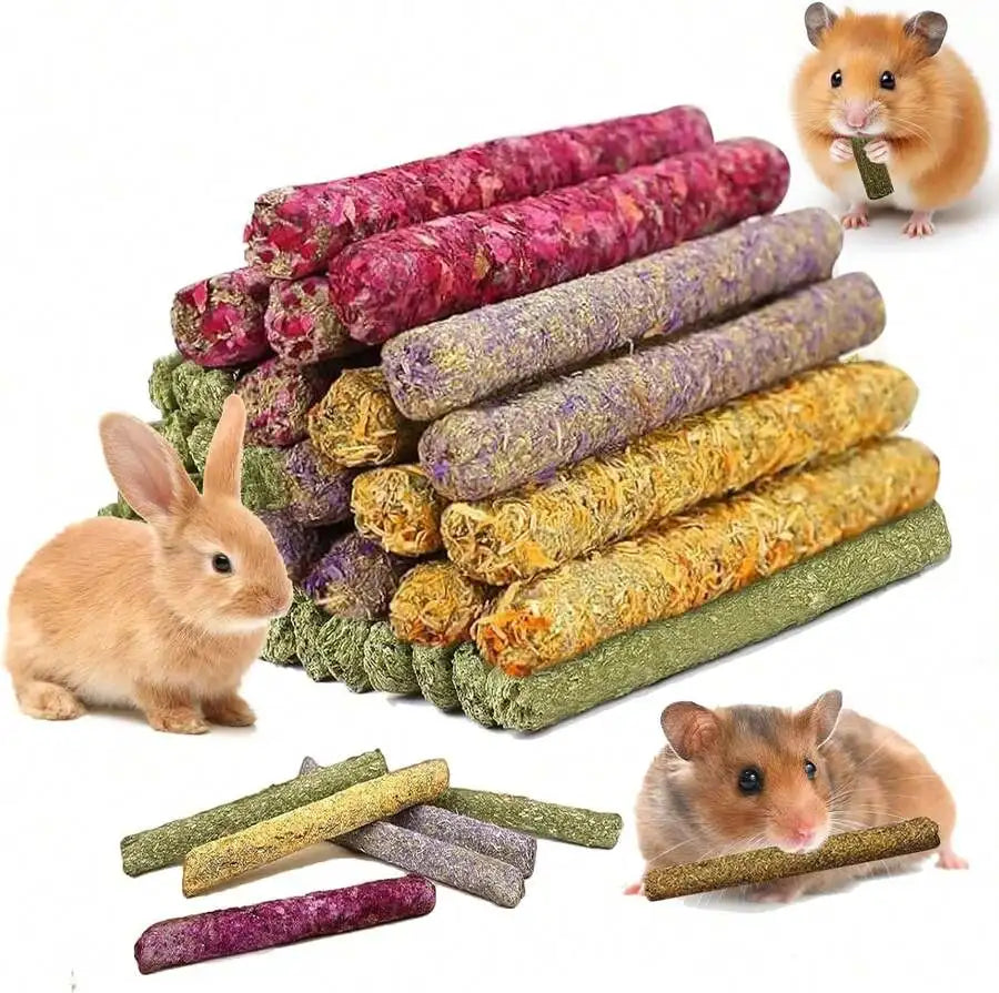 33 Pcs Natural Chew Sticks For Rabbits Guinea Pigs Hamsters Hedgehogs Timothy Hay Calendula Rose Forget-Me-Not