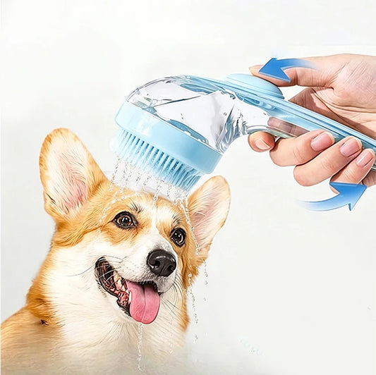 Pet Bath Brush with Shampoo Dispenser for Dogs Cats, Long Handle Soft Silicone Gentle Massage Brush, One Press Soap Dispensing Pet Grooming Bathing Tool