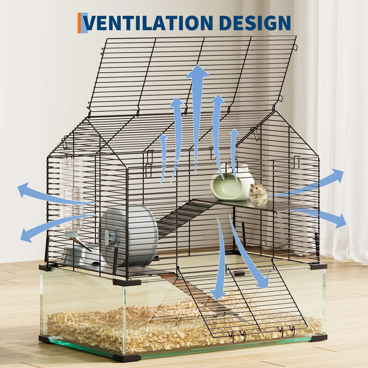 Large Hamster Cage, 3-Tier Gerbil Cages with Running Wheel, Water Bottle, Food Bowl, Ramps, Portable Hamster House with 7 in Deep Glass Bottom for Syrian, Dwarf Hamster, Gerbils