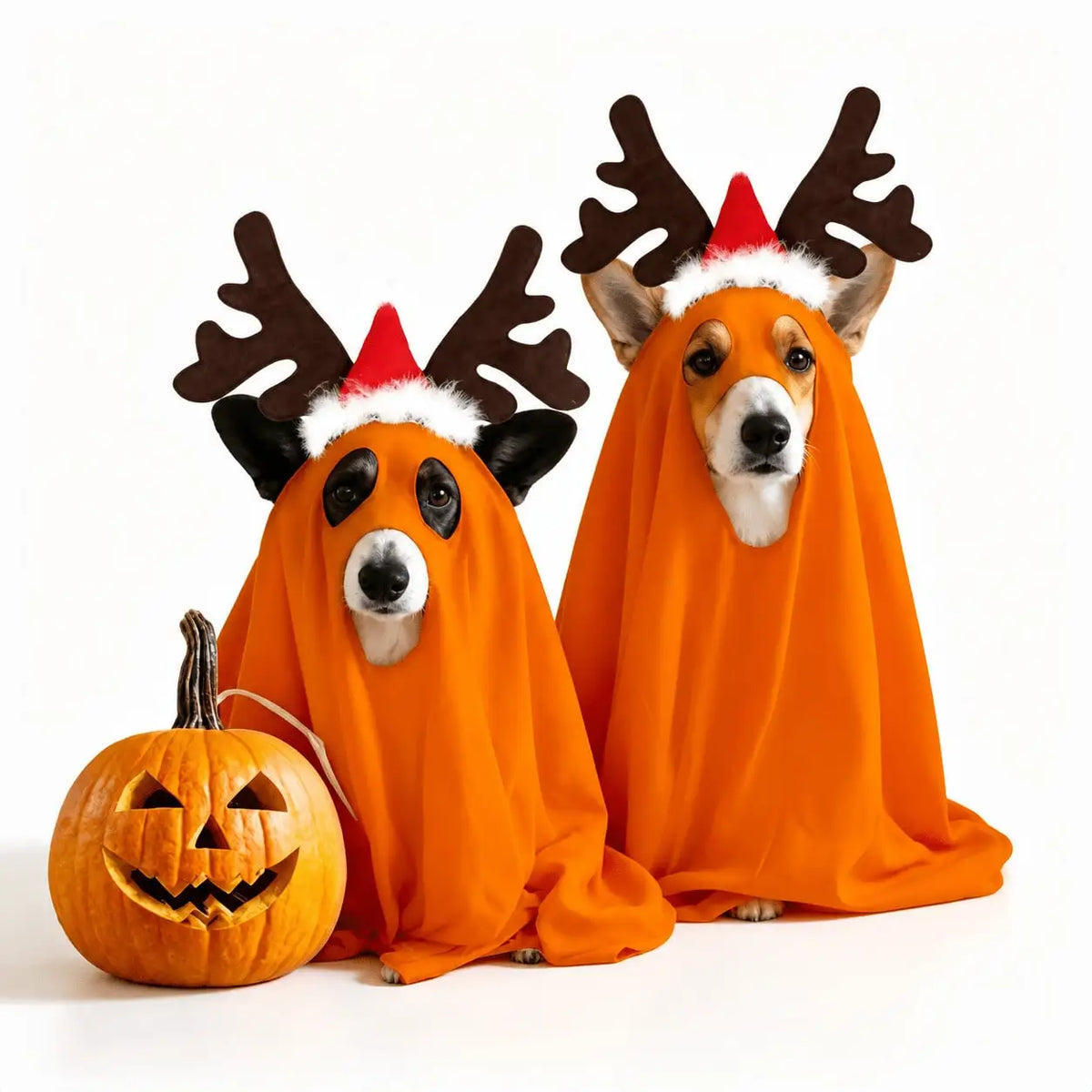 Halloween Ghost-Themed Pet Cape With Reindeer Antlers Headband Costume Set For Medium And Large Dogs Cosplay
