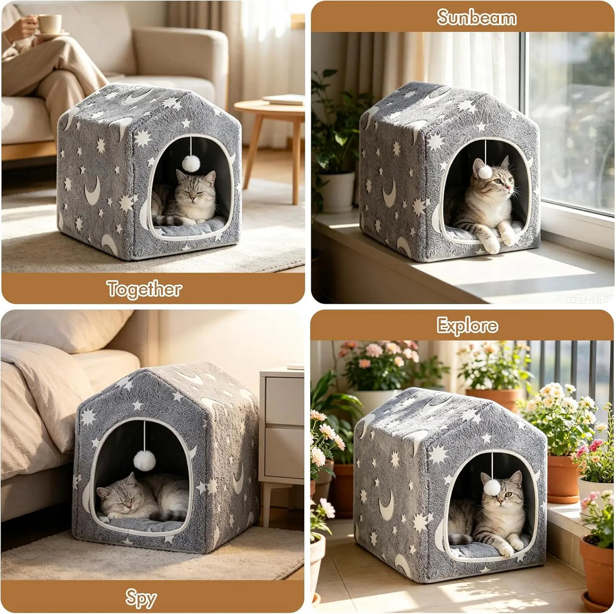 Cat House for Indoor Cats, Cat Bed Cave Enclosed Hideaway with Frame