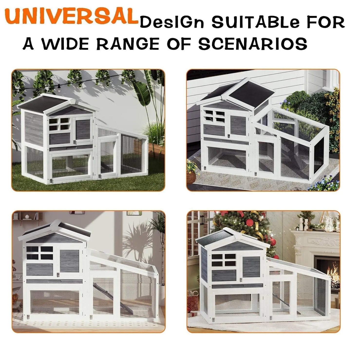 54 Inch 2 Tier Wooden Rabbit Hutch For Indoor And Outdoor Use Weatherproof Roof Anti Slip Ramp Removable Tray Ideal Small Pet House For Rabbits Guinea Pigs Chickens Grey